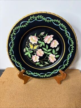 Decorative Black Floral Butterfly Plate - Hand-Painted 10” Cottagecore Summer
